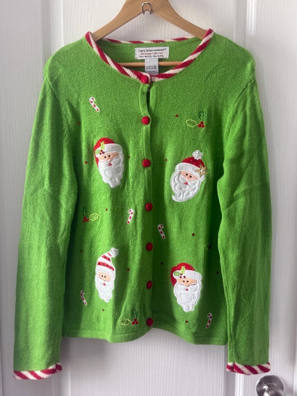 Tiara International Christmas Collection Green Santa Sweater Size XL